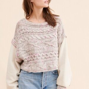 Free People Cream Brown Cropped Cable Knit Sweater sz S